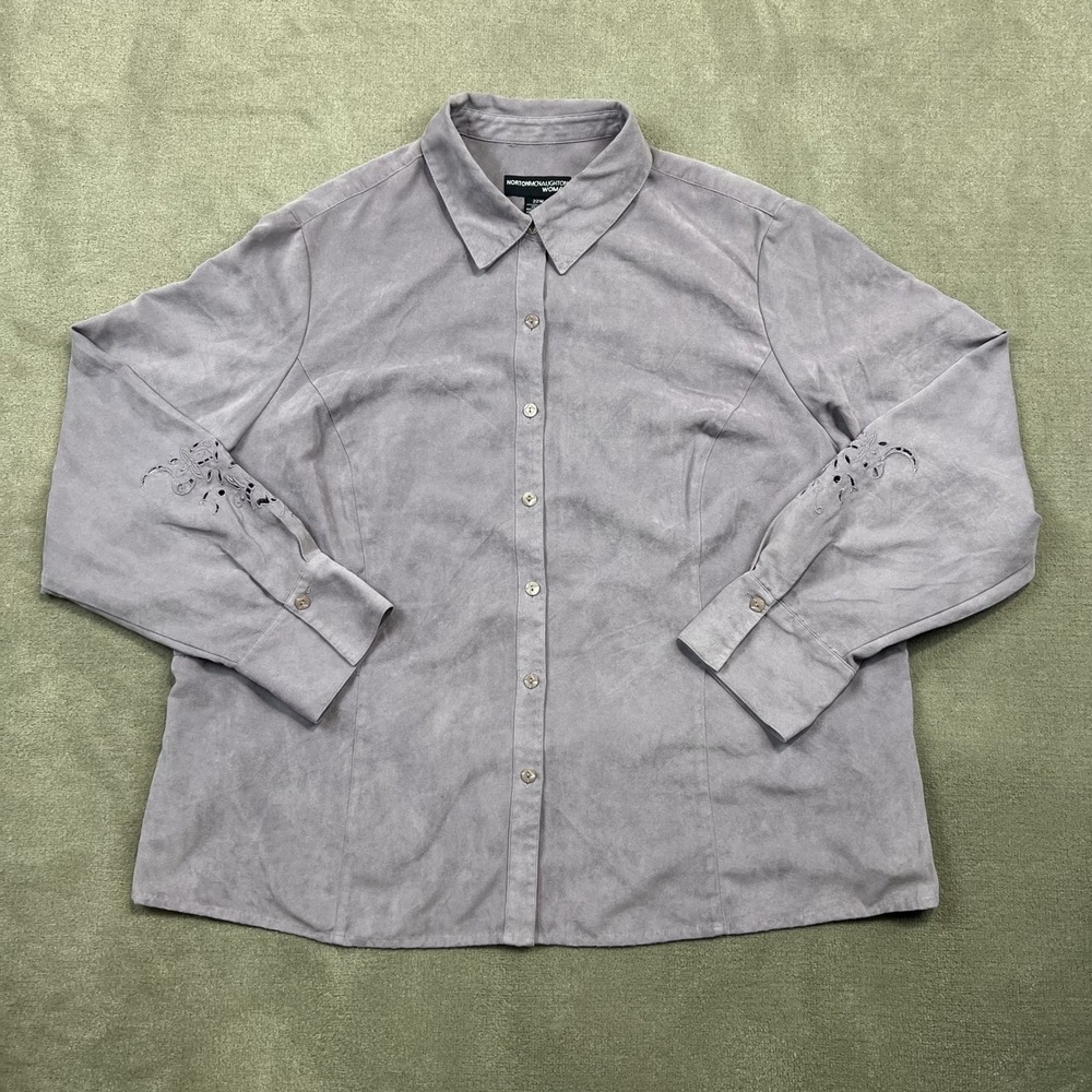Norton McNaughton Woman 22W Grey Faux Suede Eyelet Sleeve Button Down Shirt Top